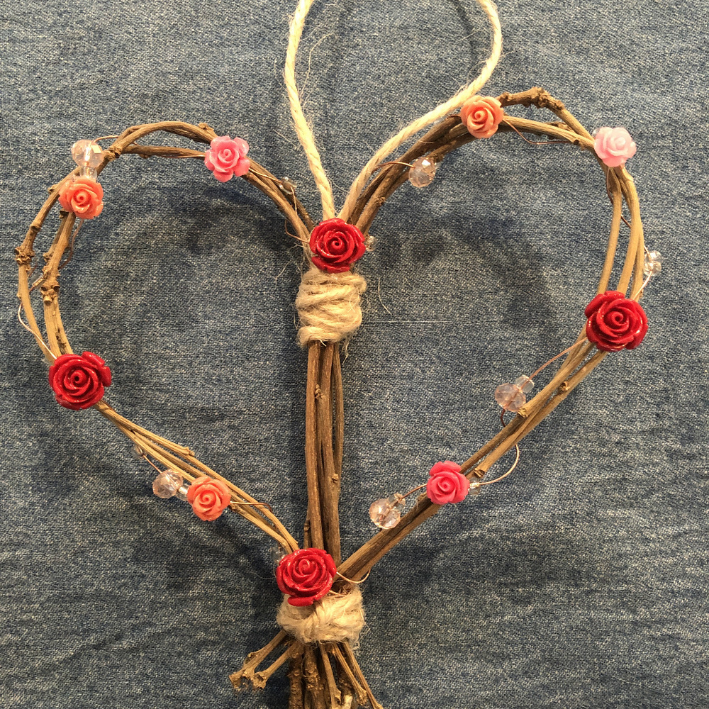 Twig heart with roses and crystal beads